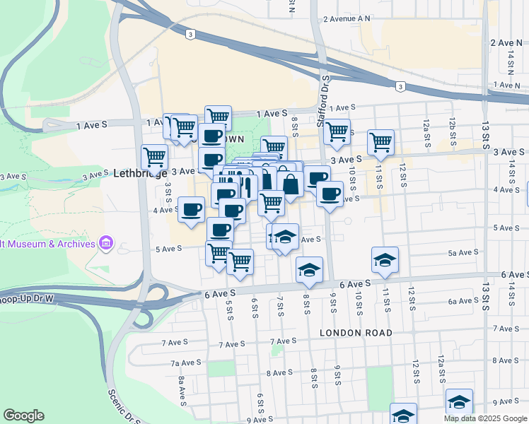 map of restaurants, bars, coffee shops, grocery stores, and more near in Lethbridge
