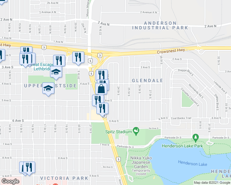map of restaurants, bars, coffee shops, grocery stores, and more near 418 24 Street South in Lethbridge