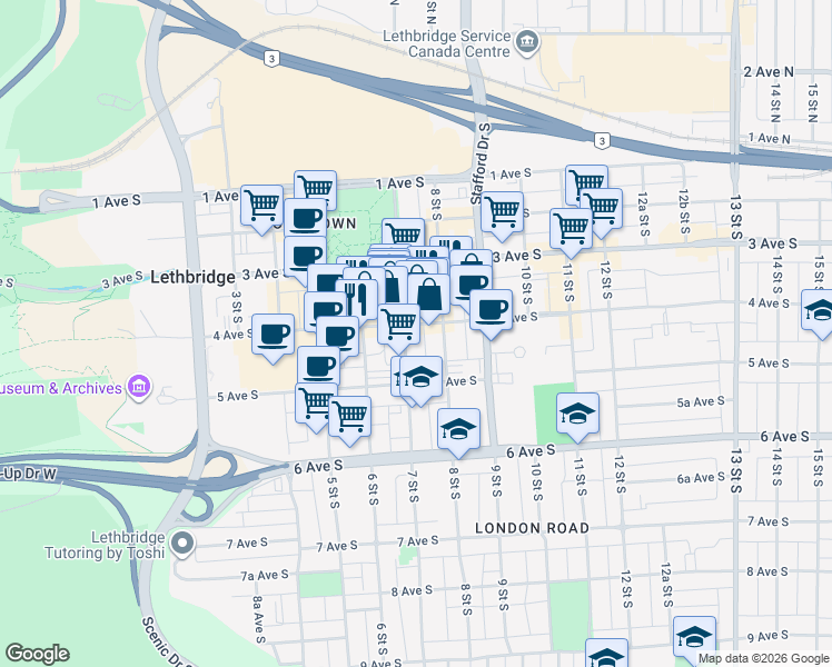 map of restaurants, bars, coffee shops, grocery stores, and more near 704 4 Avenue South in Lethbridge