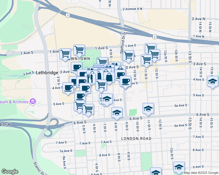 map of restaurants, bars, coffee shops, grocery stores, and more near 740 4 Avenue South in Lethbridge