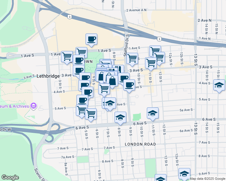 map of restaurants, bars, coffee shops, grocery stores, and more near 740 4 Avenue South in Lethbridge