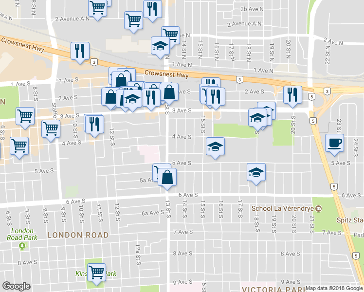 map of restaurants, bars, coffee shops, grocery stores, and more near 414 14 Street South in Lethbridge