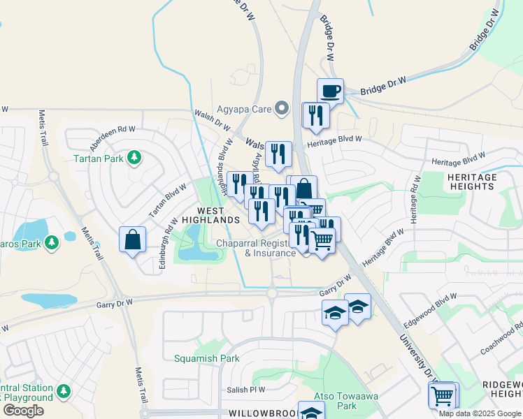 map of restaurants, bars, coffee shops, grocery stores, and more near 400 Highlands Boulevard West in Lethbridge