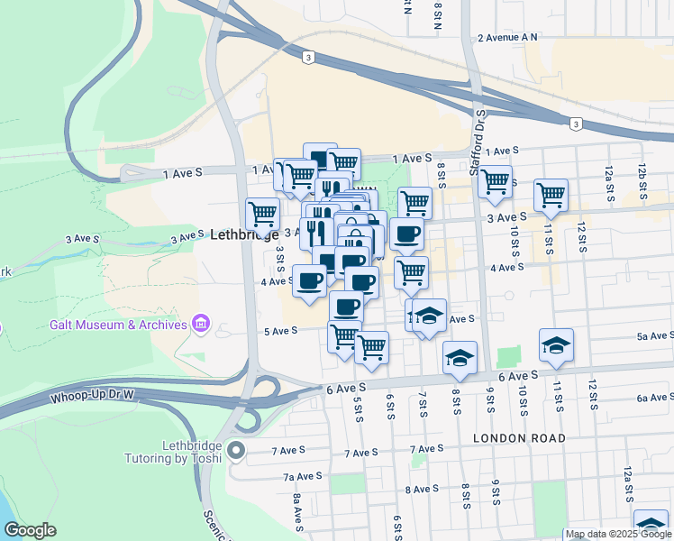 map of restaurants, bars, coffee shops, grocery stores, and more near 316 5 Street South in Lethbridge
