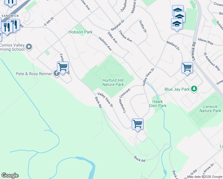 map of restaurants, bars, coffee shops, grocery stores, and more near 1717 Glen Urquhart Drive in Courtenay