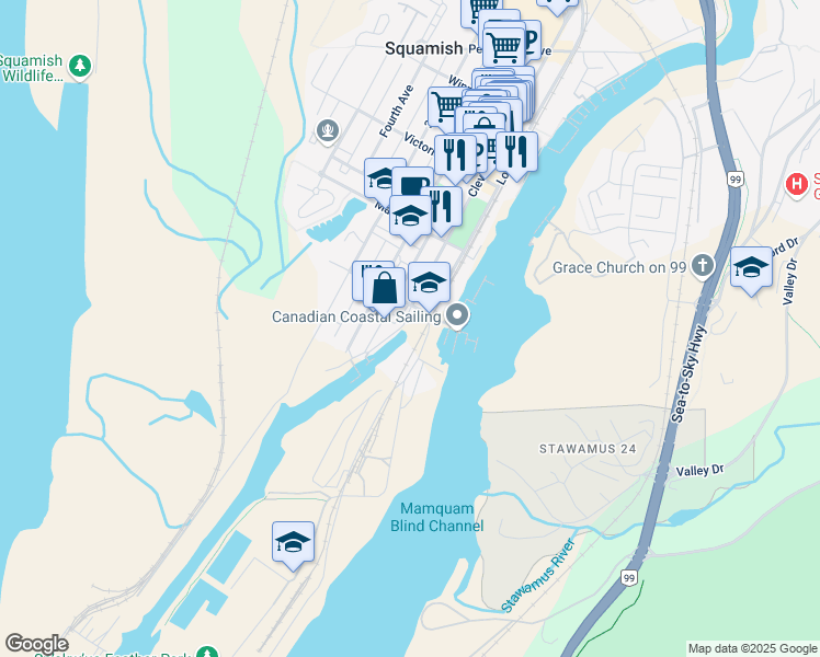 map of restaurants, bars, coffee shops, grocery stores, and more near 1400 Vancouver Street in Squamish