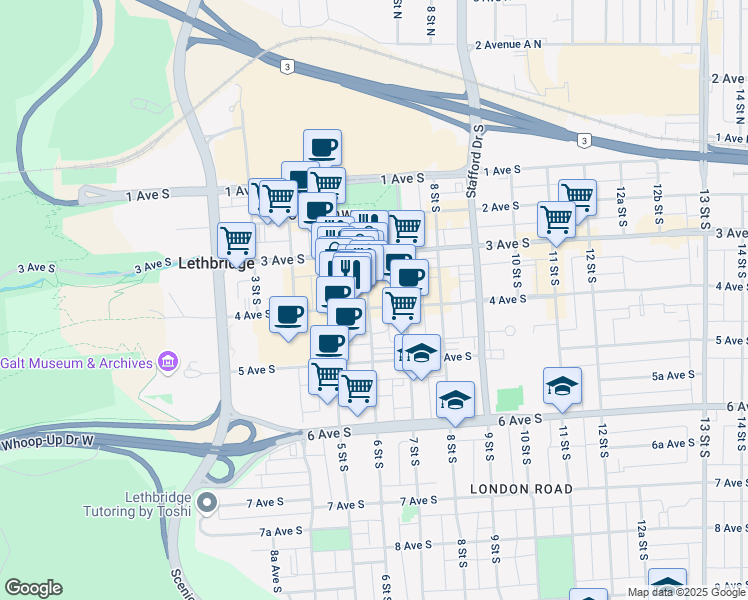 map of restaurants, bars, coffee shops, grocery stores, and more near 320 6 Street South in Lethbridge