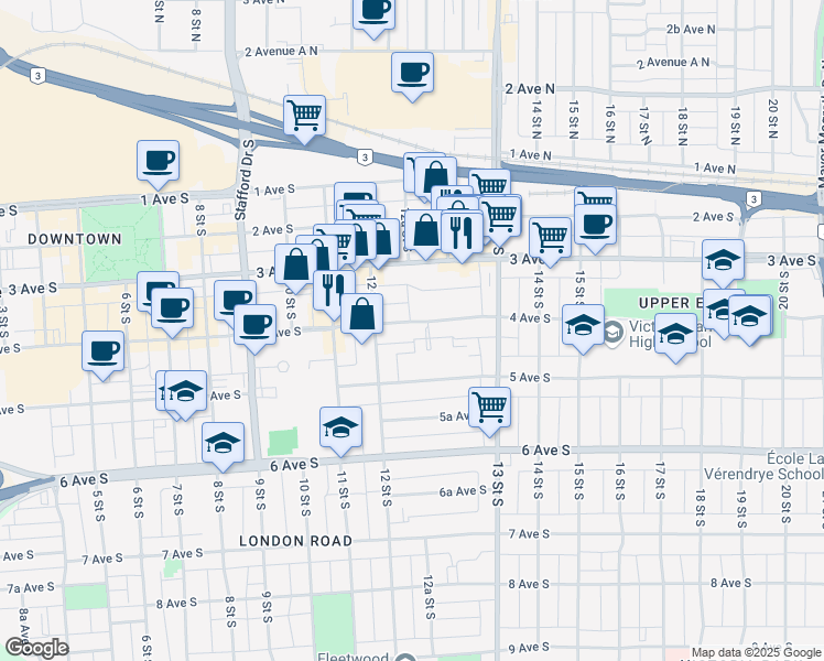 map of restaurants, bars, coffee shops, grocery stores, and more near 1226 4 Avenue South in Lethbridge