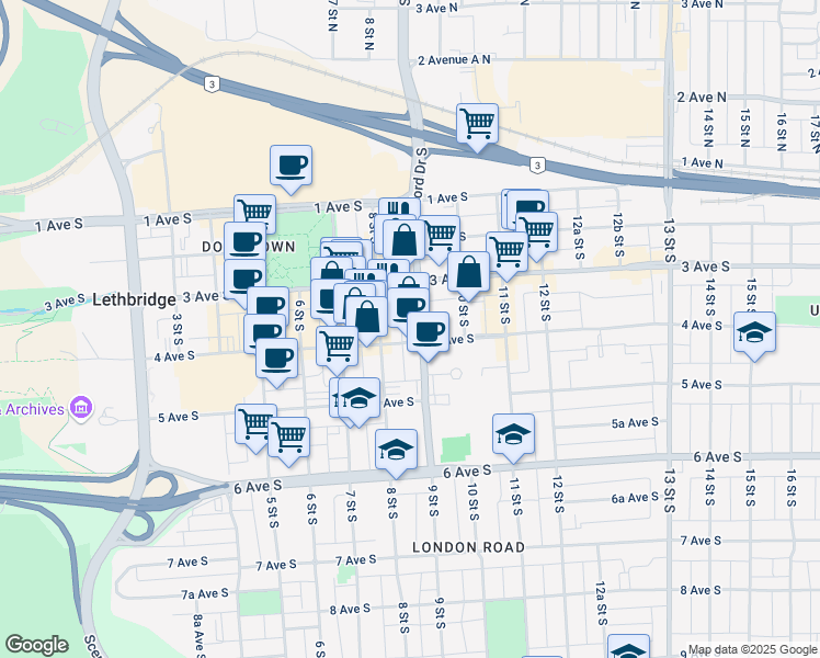 map of restaurants, bars, coffee shops, grocery stores, and more near 817 4 Avenue South in Lethbridge