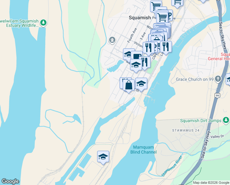 map of restaurants, bars, coffee shops, grocery stores, and more near 37738 3 Avenue in Squamish