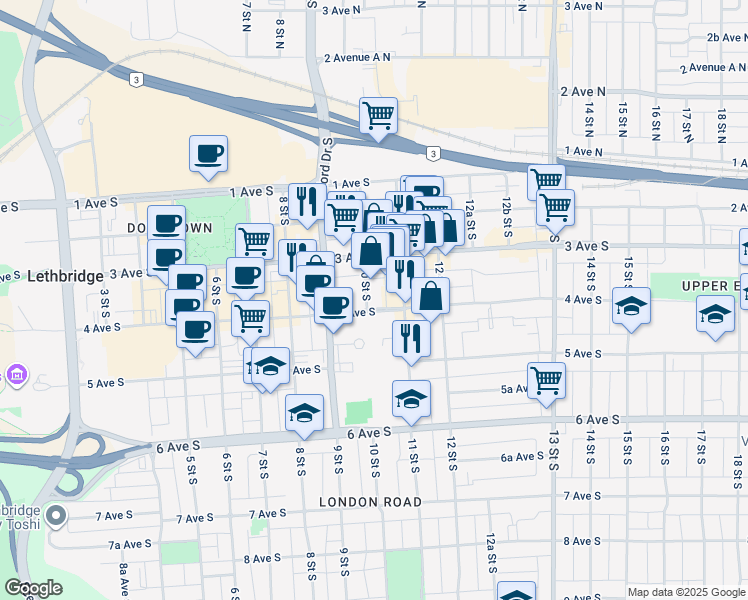 map of restaurants, bars, coffee shops, grocery stores, and more near 1003 4 Avenue South in Lethbridge
