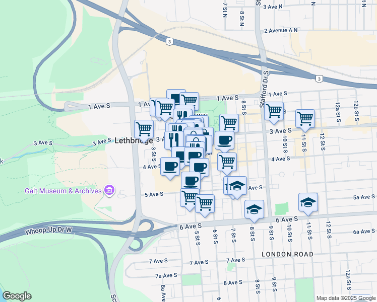 map of restaurants, bars, coffee shops, grocery stores, and more near 316 5 Street South in Lethbridge