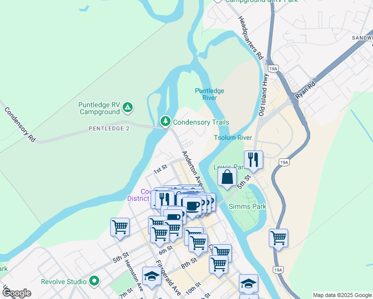 map of restaurants, bars, coffee shops, grocery stores, and more near 60 Anderton Avenue in Courtenay