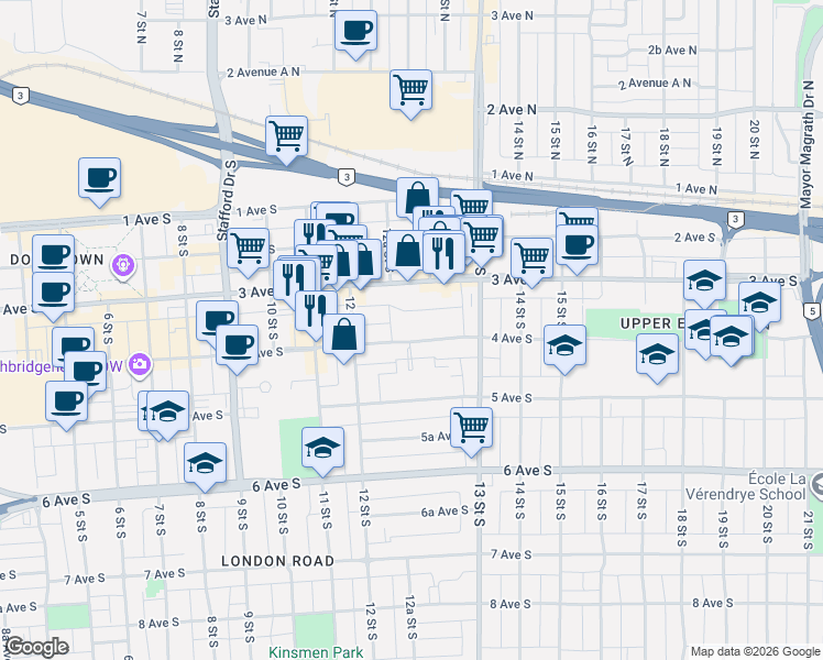 map of restaurants, bars, coffee shops, grocery stores, and more near in Lethbridge
