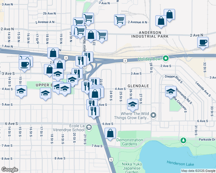 map of restaurants, bars, coffee shops, grocery stores, and more near 2315 4 Avenue South in Lethbridge
