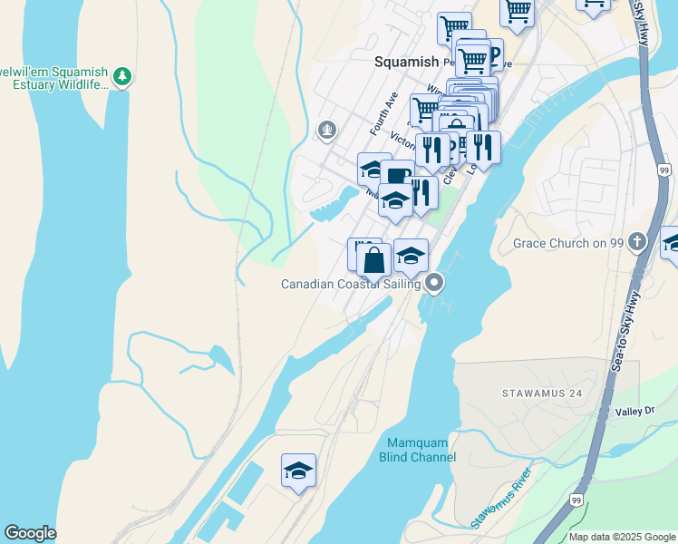 map of restaurants, bars, coffee shops, grocery stores, and more near 37762 3 Avenue in Squamish