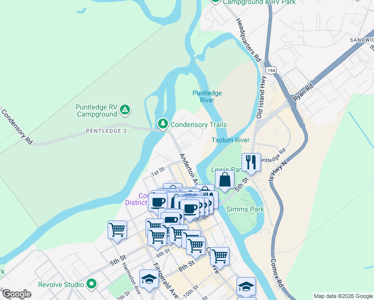 map of restaurants, bars, coffee shops, grocery stores, and more near 60 Anderton Avenue in Courtenay