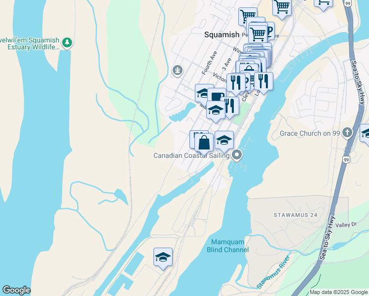 map of restaurants, bars, coffee shops, grocery stores, and more near 37762 3 Avenue in Squamish