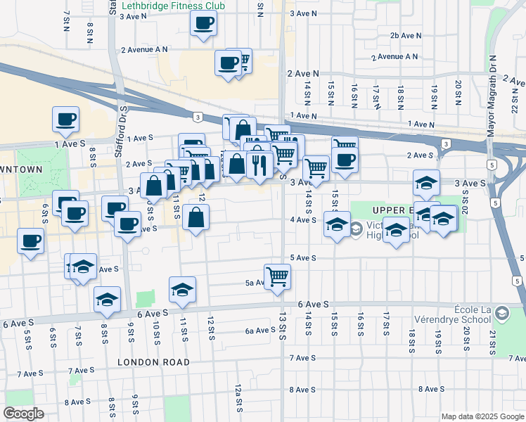 map of restaurants, bars, coffee shops, grocery stores, and more near 1261 4 Avenue South in Lethbridge