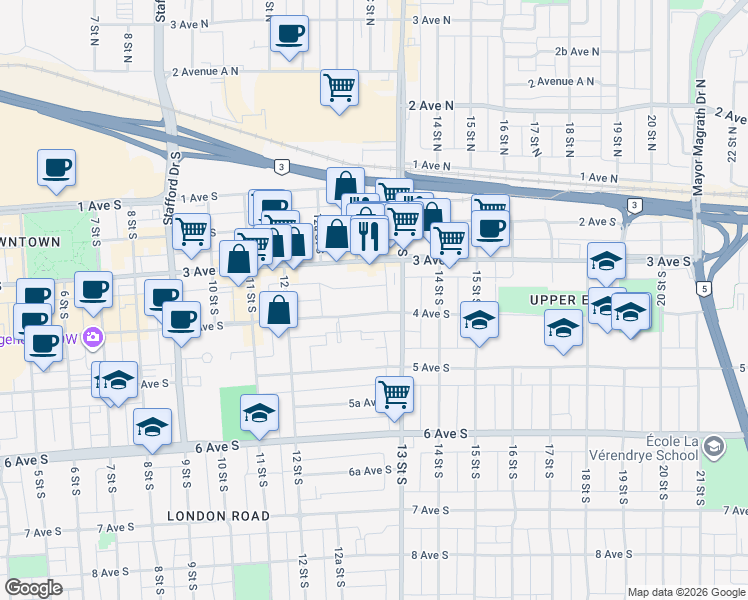 map of restaurants, bars, coffee shops, grocery stores, and more near 1261 4 Avenue South in Lethbridge
