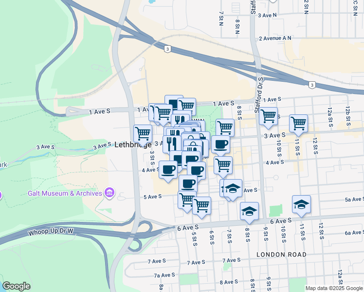 map of restaurants, bars, coffee shops, grocery stores, and more near 316 5 Street South in Lethbridge