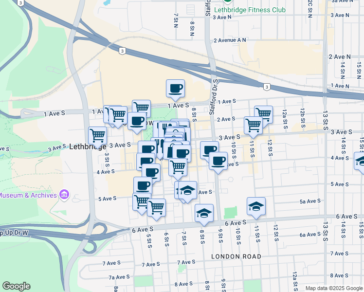 map of restaurants, bars, coffee shops, grocery stores, and more near in Lethbridge