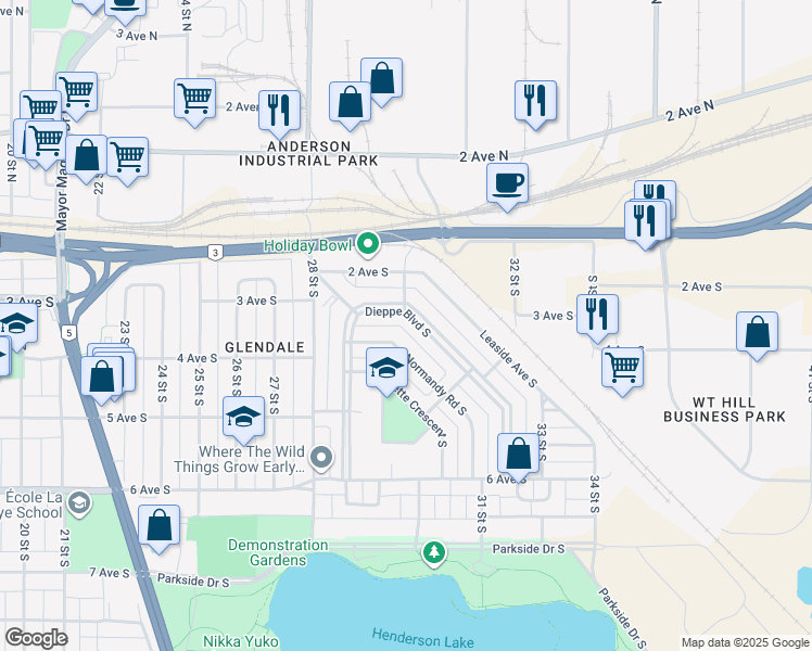 map of restaurants, bars, coffee shops, grocery stores, and more near 324 Dieppe Boulevard South in Lethbridge