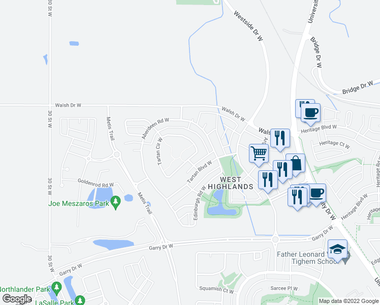 map of restaurants, bars, coffee shops, grocery stores, and more near 111 Tartan Circle West in Lethbridge