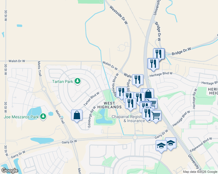 map of restaurants, bars, coffee shops, grocery stores, and more near 5 Tartan Boulevard West in Lethbridge