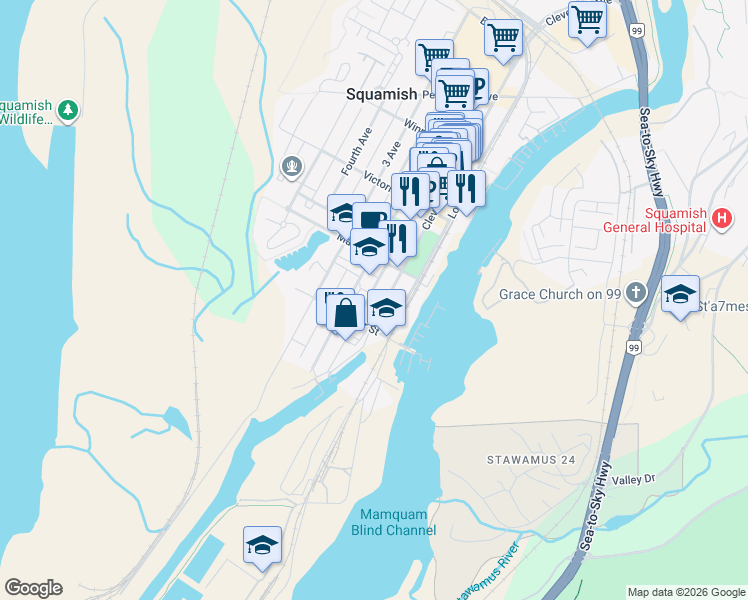 map of restaurants, bars, coffee shops, grocery stores, and more near 37841 Cleveland Avenue in Squamish