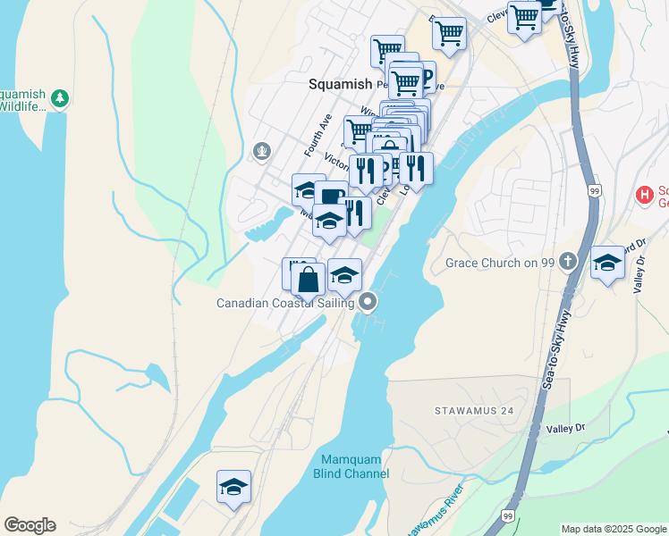 map of restaurants, bars, coffee shops, grocery stores, and more near 37841 Cleveland Avenue in Squamish