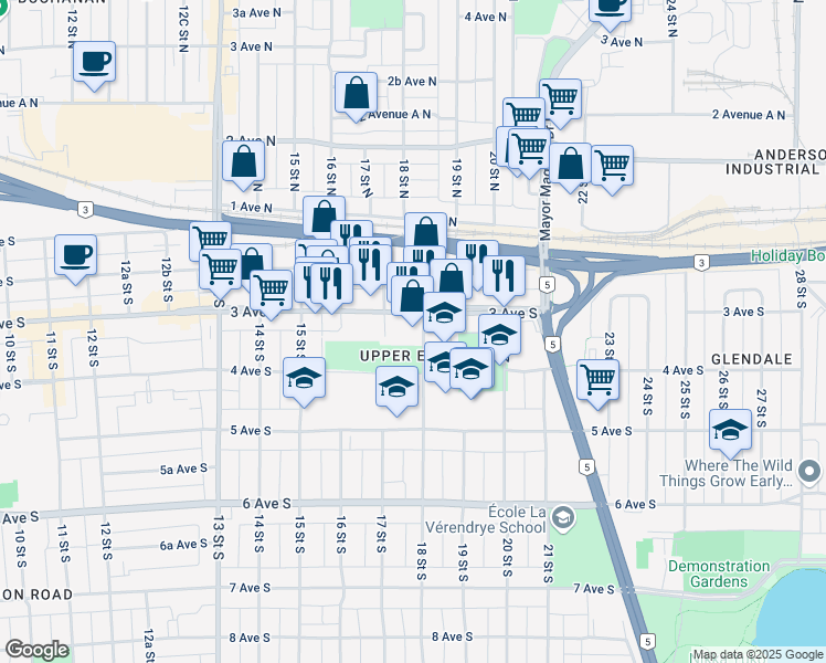 map of restaurants, bars, coffee shops, grocery stores, and more near 332 18 Street South in Lethbridge