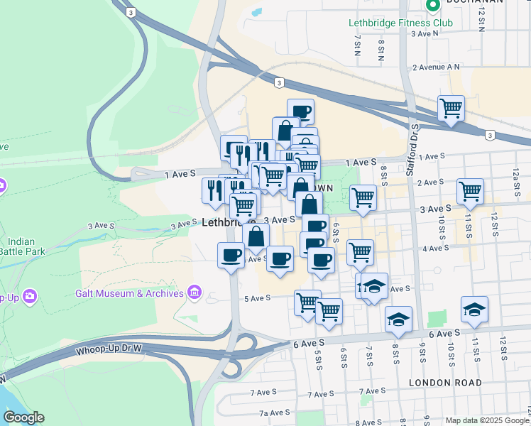 map of restaurants, bars, coffee shops, grocery stores, and more near 200 3 Street South in Lethbridge