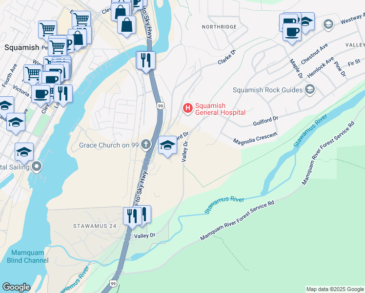 map of restaurants, bars, coffee shops, grocery stores, and more near 10000 Valley Drive in Squamish