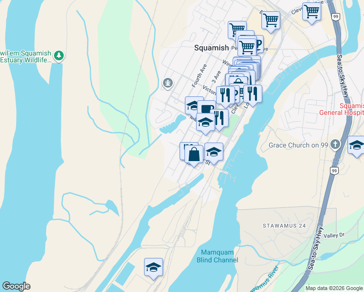 map of restaurants, bars, coffee shops, grocery stores, and more near 37808 3 Avenue in Squamish
