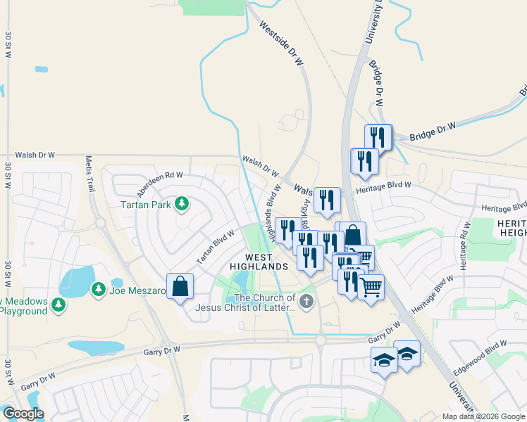 map of restaurants, bars, coffee shops, grocery stores, and more near 324 Highlands Boulevard West in Lethbridge
