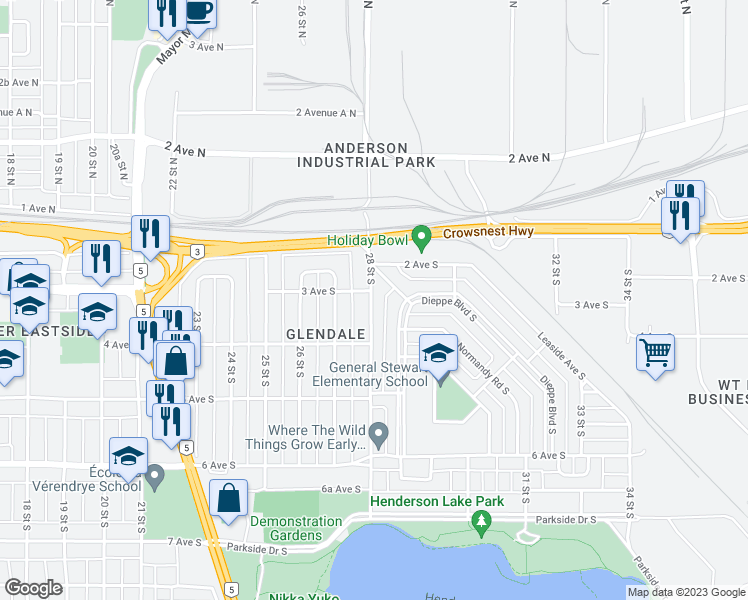 map of restaurants, bars, coffee shops, grocery stores, and more near 235 28 Street South in Lethbridge