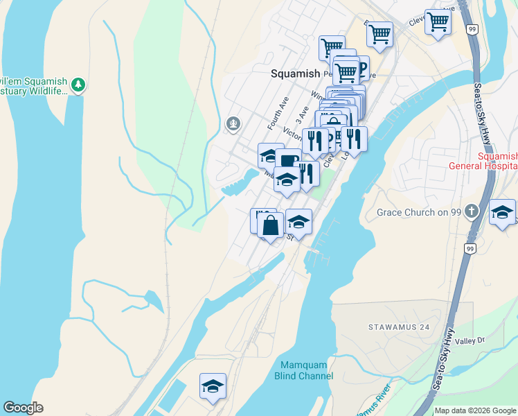 map of restaurants, bars, coffee shops, grocery stores, and more near 37842 3 Avenue in Squamish