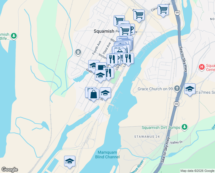 map of restaurants, bars, coffee shops, grocery stores, and more near 37881 Cleveland Avenue in Squamish