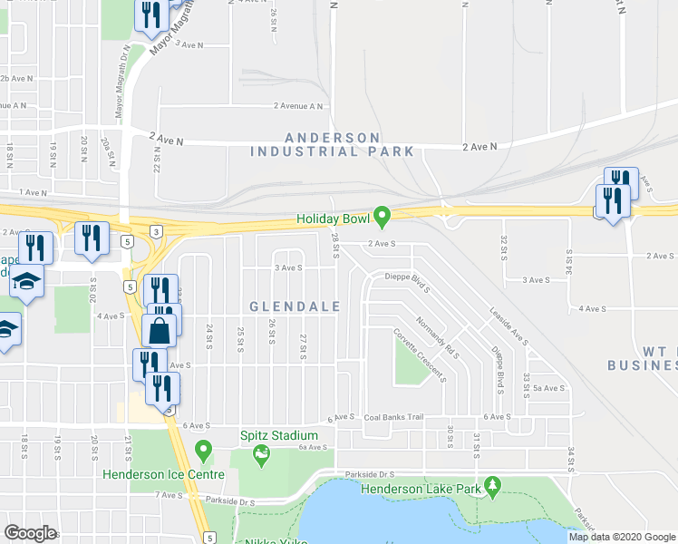 map of restaurants, bars, coffee shops, grocery stores, and more near 231 28 Street South in Lethbridge