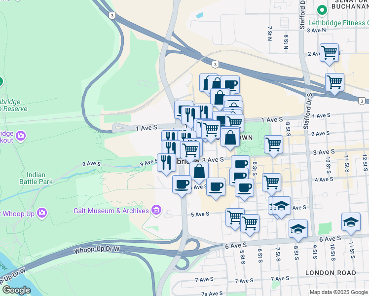 map of restaurants, bars, coffee shops, grocery stores, and more near 205 Scenic Drive South in Lethbridge