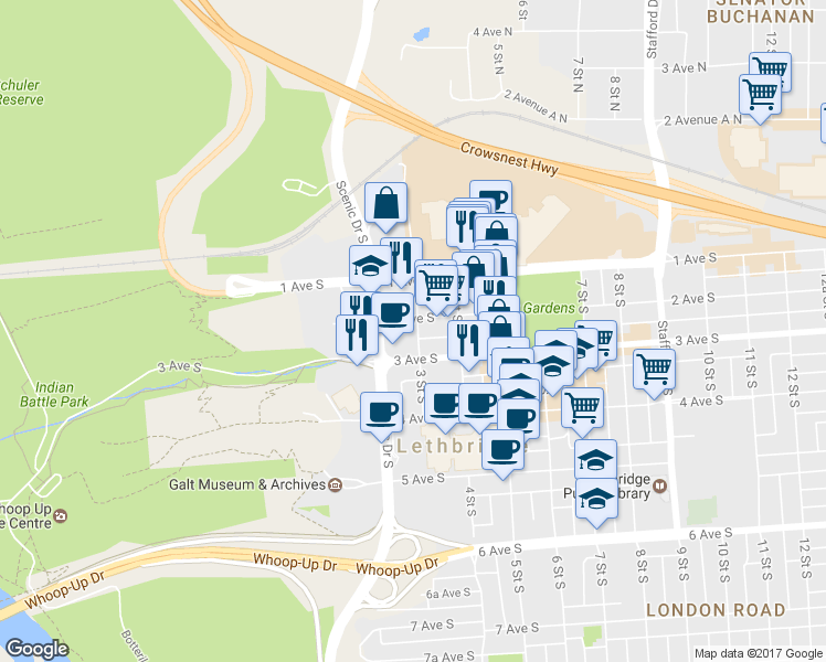 map of restaurants, bars, coffee shops, grocery stores, and more near 200 3 Street South in Lethbridge