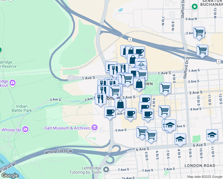 map of restaurants, bars, coffee shops, grocery stores, and more near 205 Scenic Drive South in Lethbridge