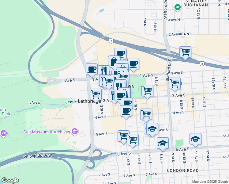 map of restaurants, bars, coffee shops, grocery stores, and more near 402 2 Avenue South in Lethbridge