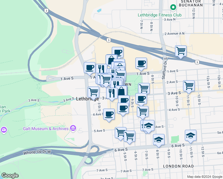 map of restaurants, bars, coffee shops, grocery stores, and more near 402 2 Avenue South in Lethbridge