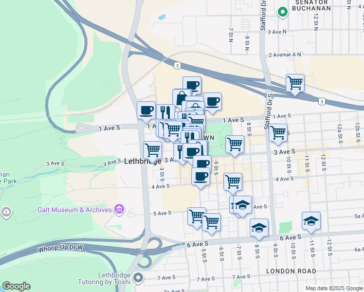 map of restaurants, bars, coffee shops, grocery stores, and more near 402 2 Avenue South in Lethbridge