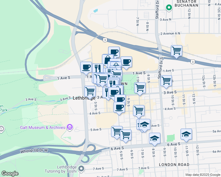 map of restaurants, bars, coffee shops, grocery stores, and more near 402 2 Avenue South in Lethbridge