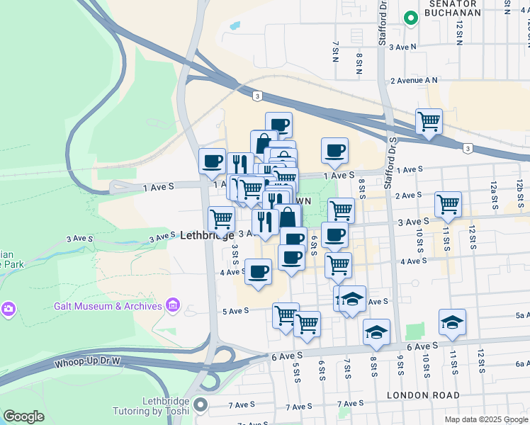 map of restaurants, bars, coffee shops, grocery stores, and more near 402 2 Avenue South in Lethbridge