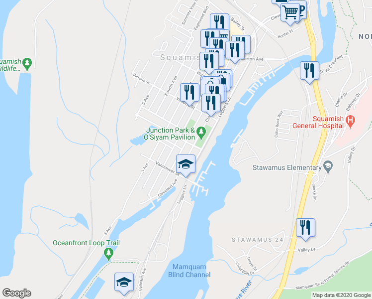 map of restaurants, bars, coffee shops, grocery stores, and more near in Squamish