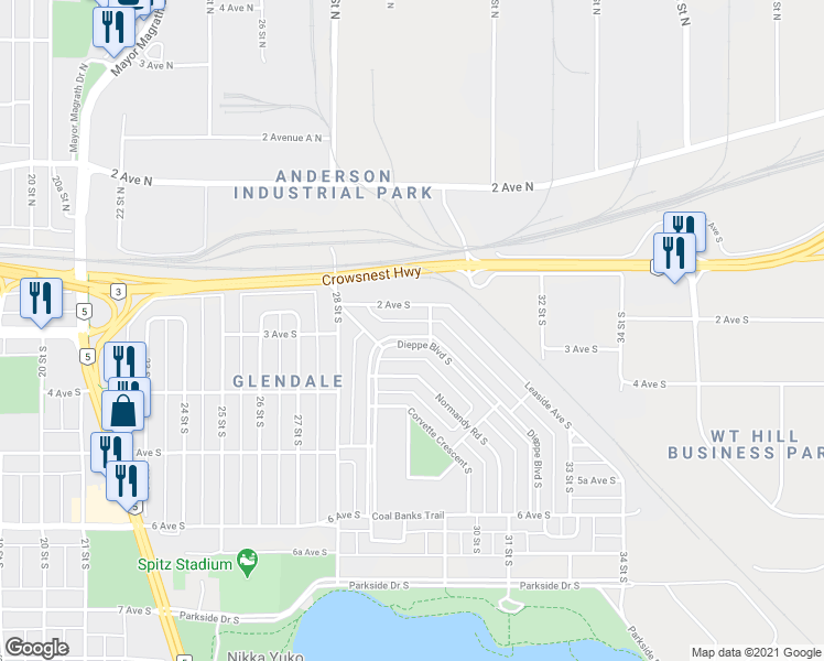map of restaurants, bars, coffee shops, grocery stores, and more near 313 Dieppe Boulevard South in Lethbridge